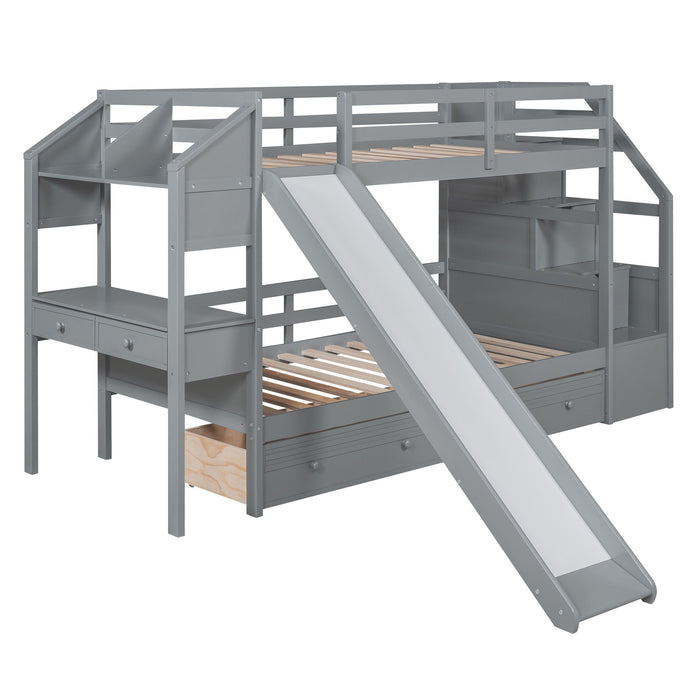 Bunk Bed With Storage Staircase, Slide, Desk, Drawers, And Shelves
