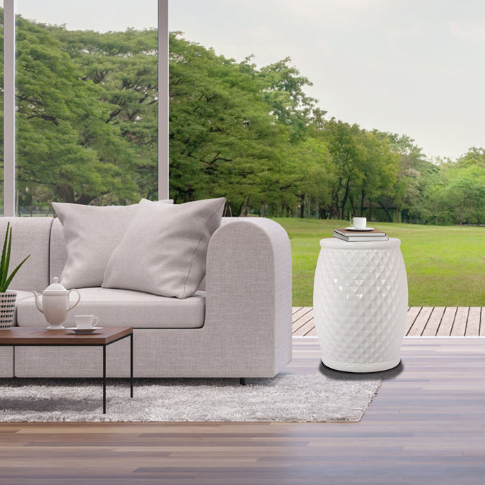 Glazed Ceramic Drum Stool Indoor / Outdoor Side Table Ceramic - White