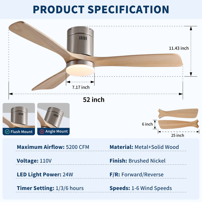 Low Profile Flush Mount Intergrated LED Ceiling Fan With Light And Silent Reversible Motor