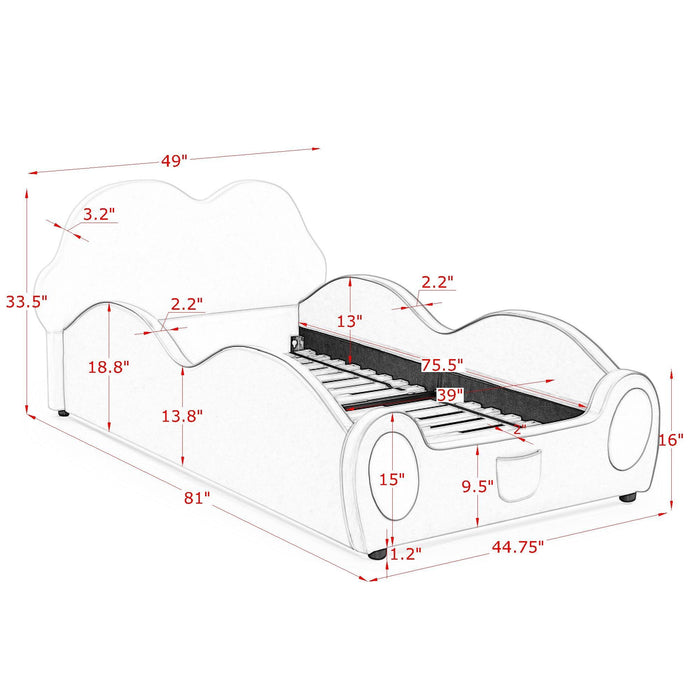Cute Cloud Shape Bed With Guardrails Cartoon Design, Storage Pocket