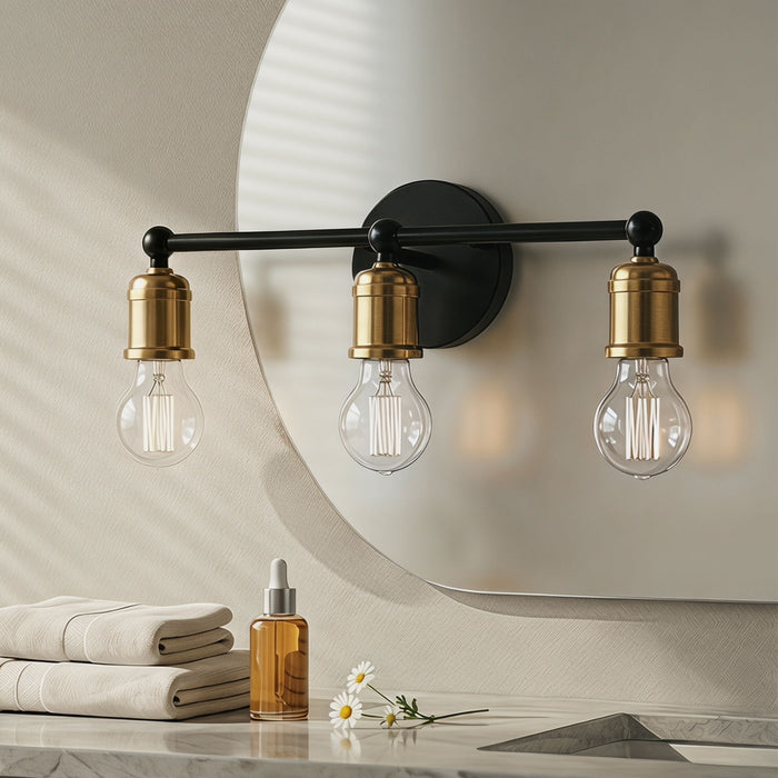 3 Light Wall Sconce, Vanity Light, No Bulbs Included - Black / Gold