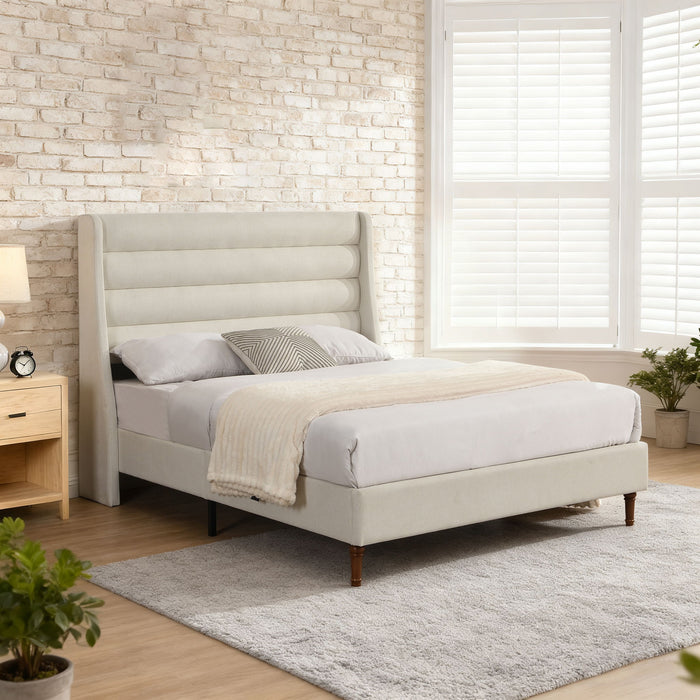 Modern Upholstered Platform Bed With Wave Shaped Headboard