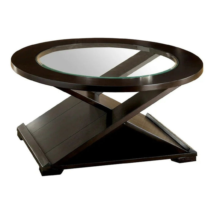 Coffee Table With Cross Design Base, Beveled Glass Top - Espresso