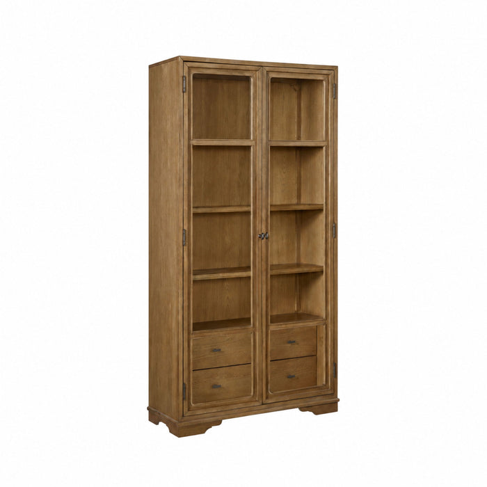 Tall Display Cabinet With Glass Doors And Drawers - Almond