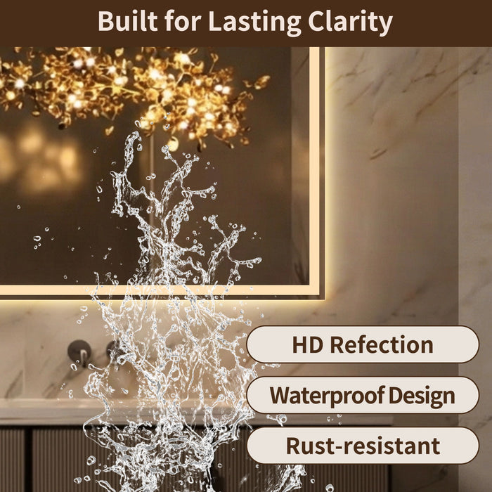 LED Bathroom Vanity Wall Mirror With Straight Edge Design, Frosted Glass Finish, Anti Fog, Dimmable 3 Color Lighting - Silver