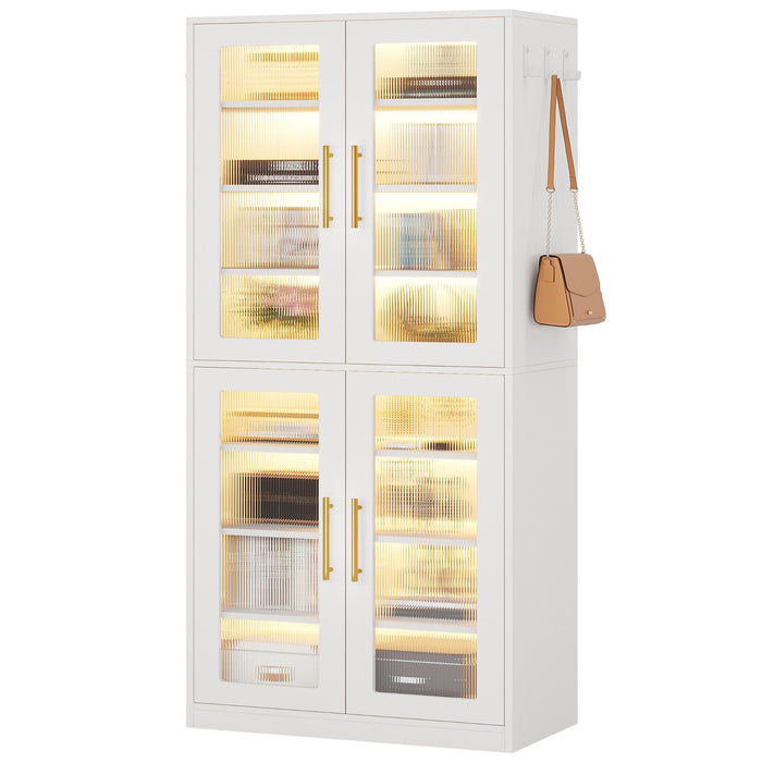 Bookcase With Doors And LED Lighting, 8 Adjustable Shelves Storage Cabinet