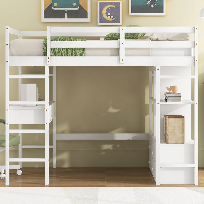 Full Size Loft Bed With Built In Desk, 2 Drawers, Storage Shelves - White