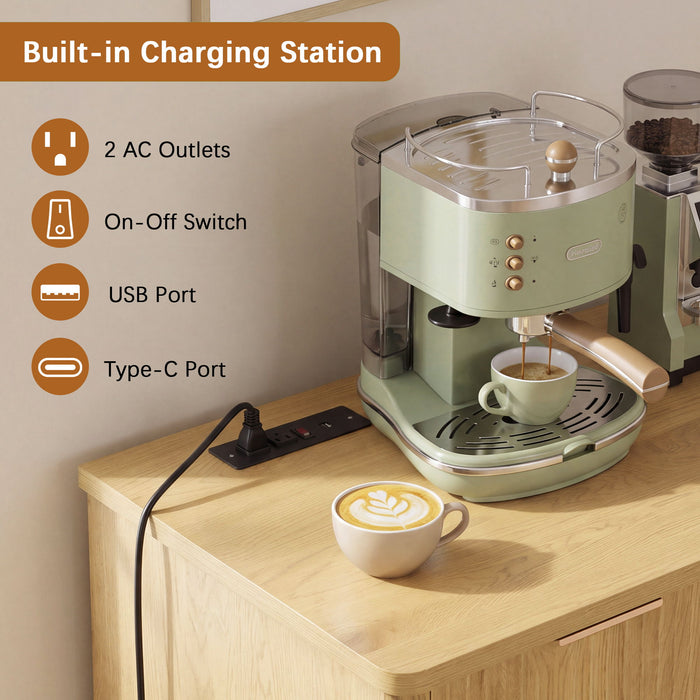 Fluted Coffee Bar Cabinet With Mini Fridge Space & Charging Station