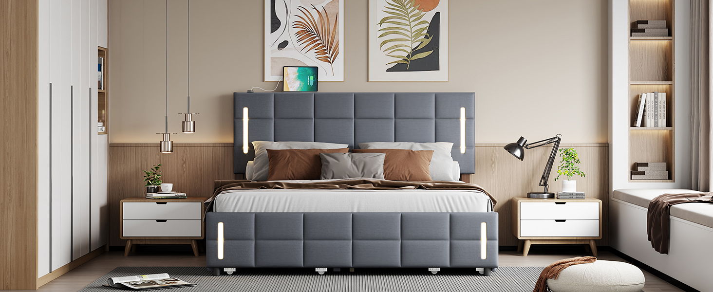Upholstered Platform Bed With Trundle & Drawers