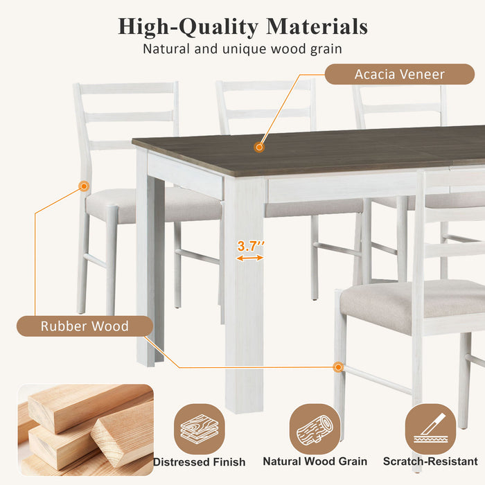 7 Piece Dining Set With Extendable Table, 2 Drawers & 6 Upholstered Chairs