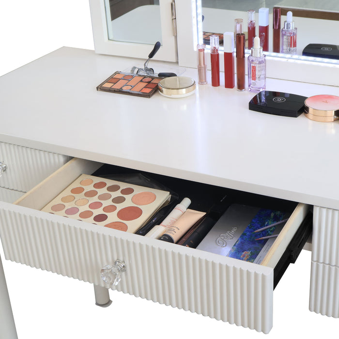 Mirrored Makeup Vanity Table Set With Adjustable Lighting And Storage