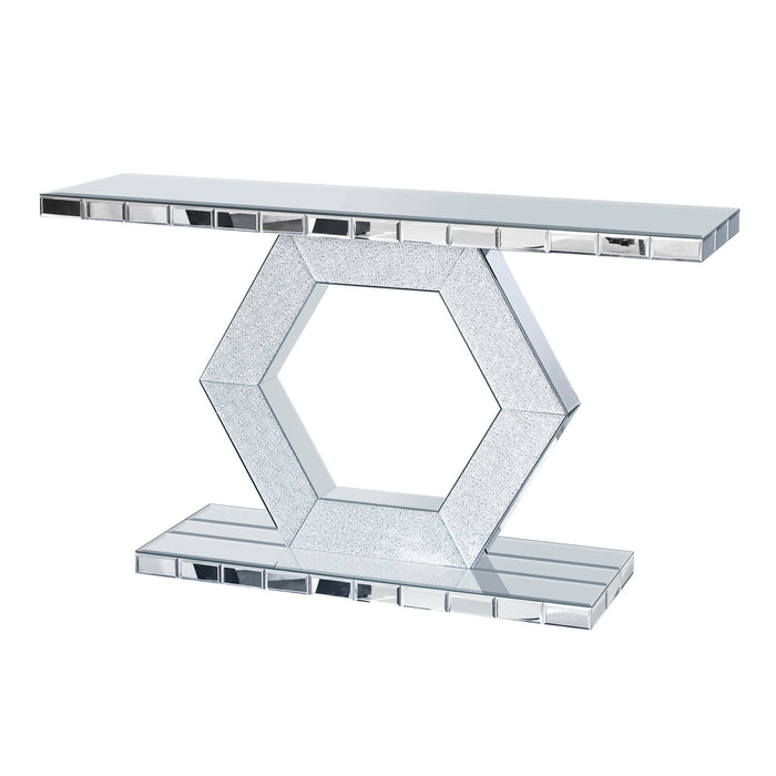 Sparkling Crystal Hexagon Mirror Entryway Premium Modern Foyer Console Table With Diamond Glass Effects, Dual Tier Luxury Sofa Table - Silver