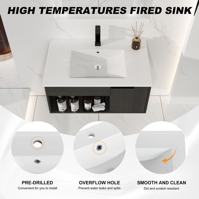 Wall Mounted Floating Bathroom Vanity With Open Shelf & Soft Close Door