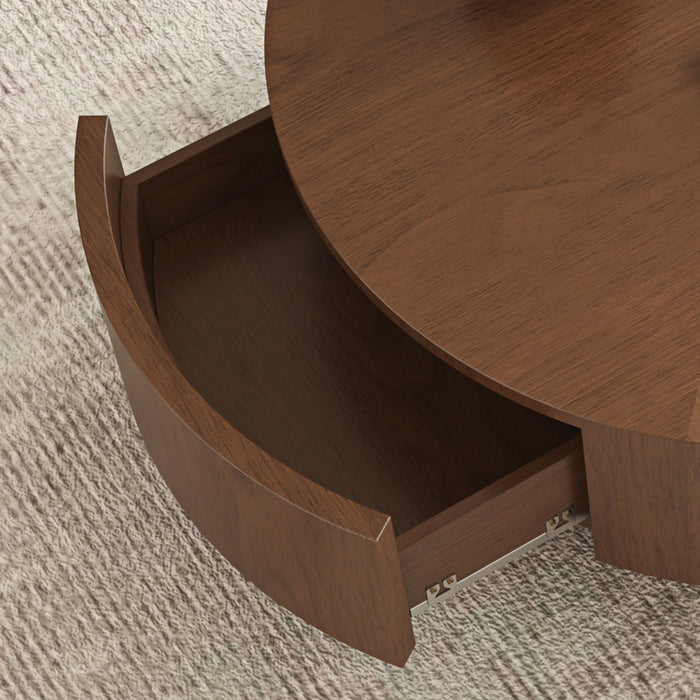 Drum Shaped Coffee Table With Hidden Storage Drawer, Low Profile For Living Room - Walnut
