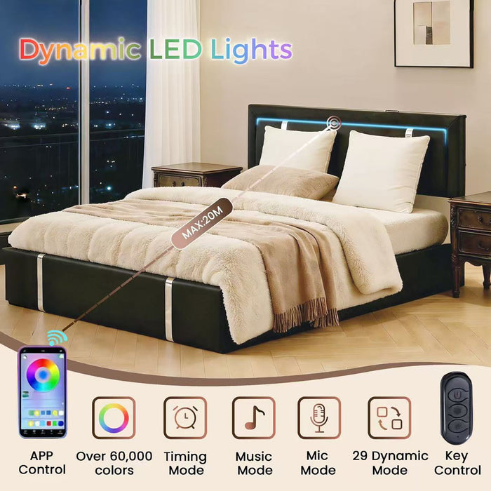 Upholstered Platform Bed Frame With Adjustable LED Headboard, USB C-Charging, Hydraulic Lift