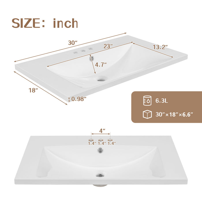 30" Single Bathroom Vanity Top With Undermount Basin, Rectangular Shape, 3 Faucet Holes - White