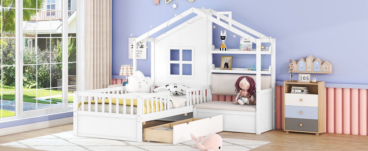 House Bed With Sofa, Kids Platform Bed With 2 Drawers And Storage Shelf