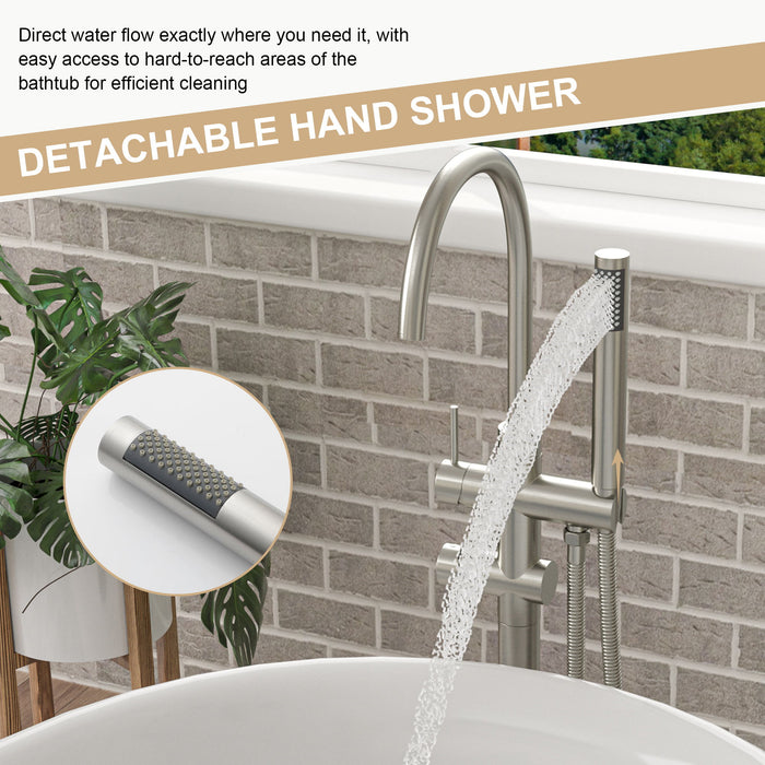 Freestanding Bathtub Faucet Floor Mount Tub Filler With Swivel Gooseneck Spout And Cylinder Handheld
