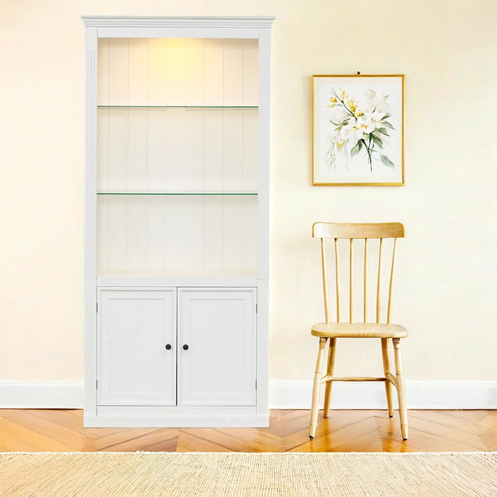 Retro Style Display Bookcase With Adjustable LED Ceiling Light And Tempered Glass Shelves - White