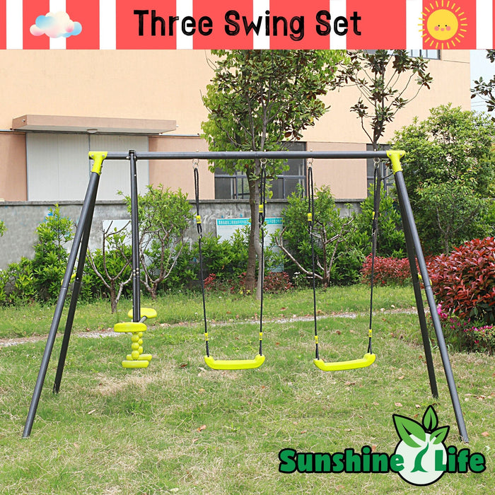 Xns008 Interesting Triple Children Metal Safe Swing Set 440Lbs For Outdoor Playground Three Seat Swing For Age 3+ - Green / Black
