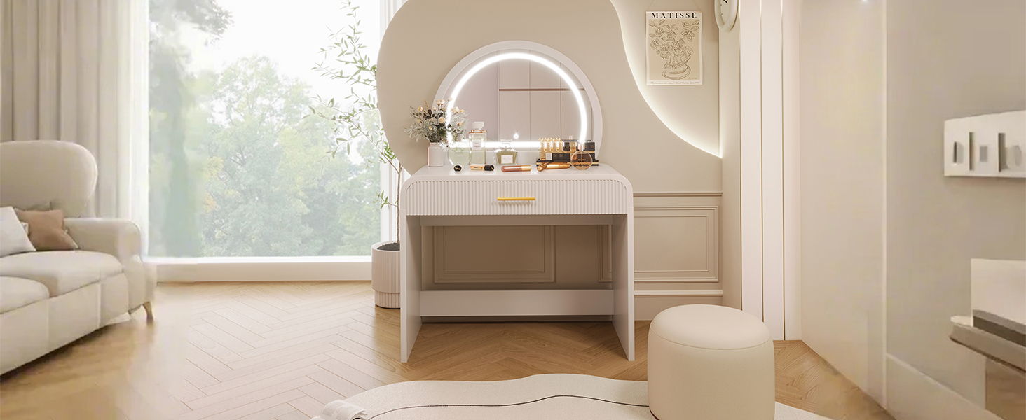 Makeup Vanity Table With Mirror Touch Screen Lighted Mirror, Dressing Table With Drawer For Bedroom - White