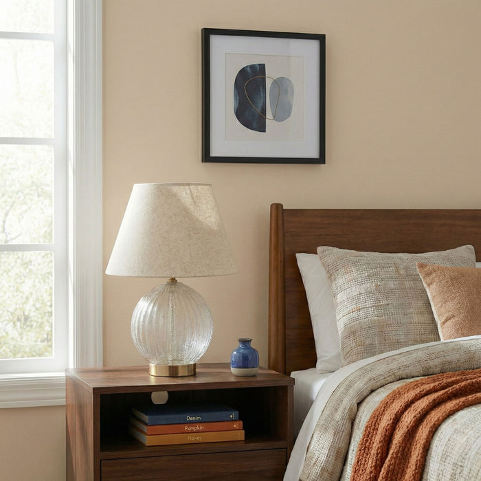 Serenity - Round Ribbed Lamp Base Clear Table Lamp Large Linen Shade - Clear / Gold / Natural