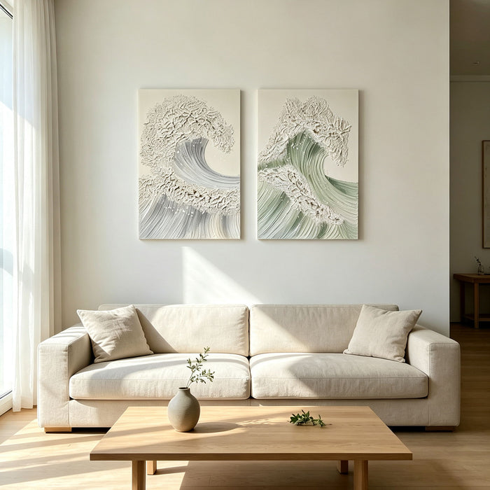 Ocean Wave Wall Art, Textured Canvas Painting With Accents (Set of 2) - Sage Green+Gold