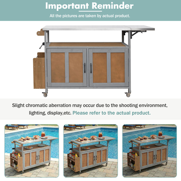 Foldable Outdoor Kitchen Island With Lockable Wheels, Storage Cabinet And Towel Rack For Patio