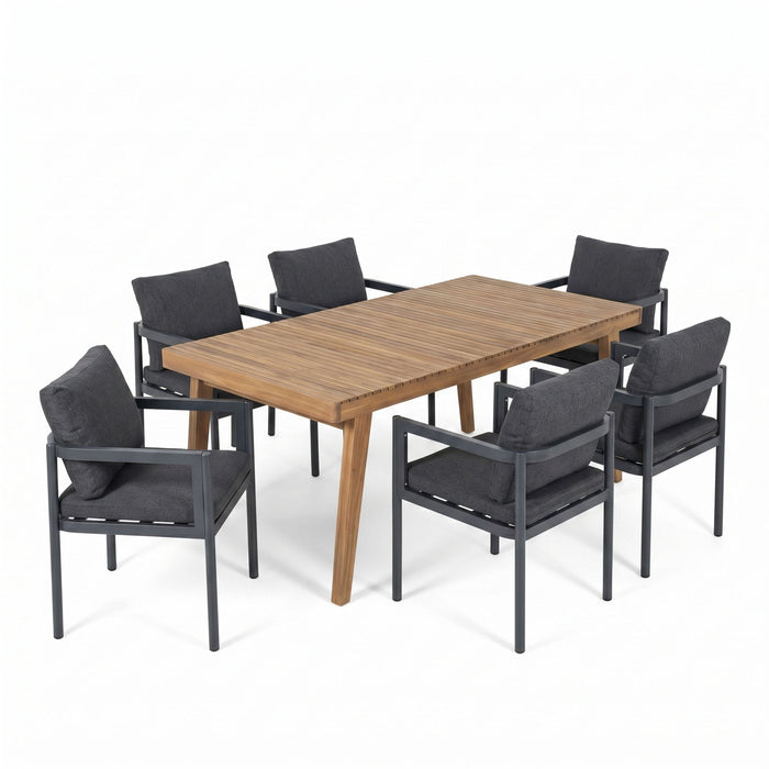 7 Piece Outdoor Patio Dining Set With Table & Chairs With Cushions - Brown / Gray