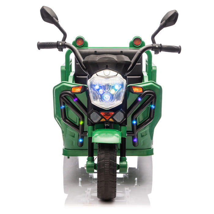 12V Kids Electric 3 Wheel Cargo Truck, 2Wd, Anti Slip Wheels, Large Storage, Extra Wide Seat With LED Lights & Music - Green