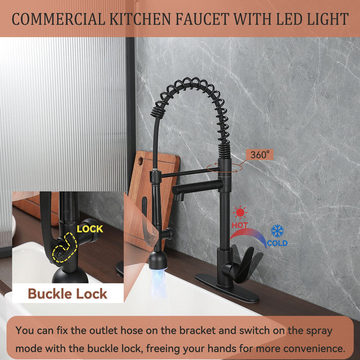 Kitchen Sink Faucet With LED Pull Down Sprayer, Single Handle High Arc Faucet, Dual Spouts, Deck Mount - Matte Black