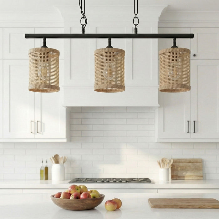 Elysian - 3 Lights Island With Natural Shade Farmhouse Chain Ceiling Lamp - Black / Rattan