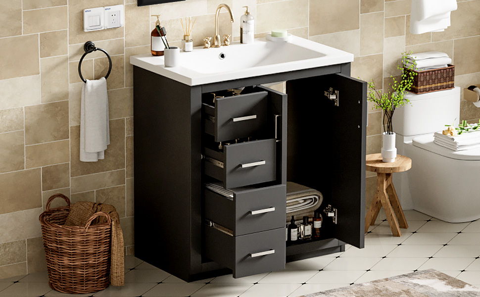 Ceramic Sink Combo, Freestanding Vanity Set With 3 Drawers & Soft Closing Doors