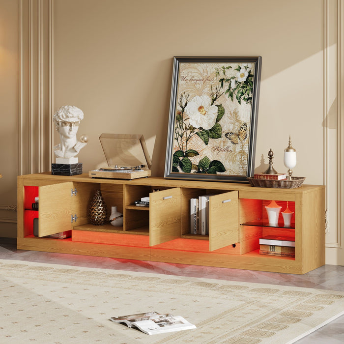 TV Stand With 6 Cabinets & 2 Open Compartments, Entertainment Center For TVs Up To 90'', Television Console - Natural Wood