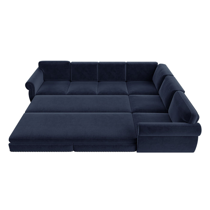L-Shaped Sofa Couch With Pull Out Bed With Nailhead Trim & Rolled Arm