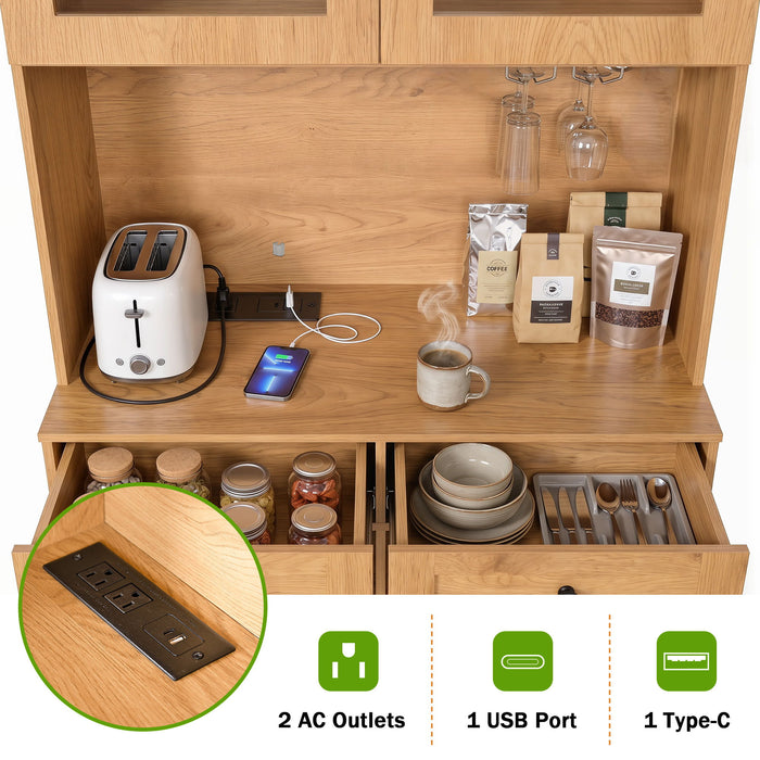 Tall Arched Pantry Cabinet With Charging Station, Adjustable Shelves, Coffee Bar