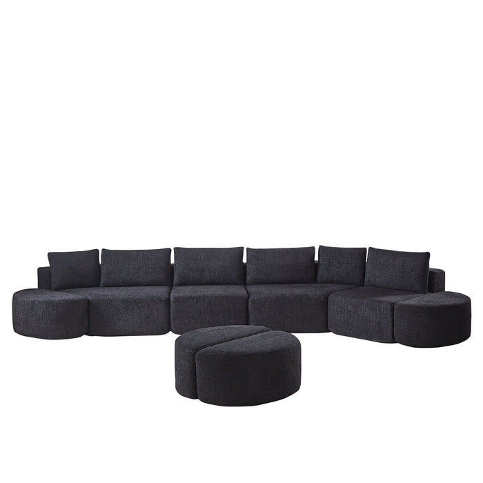 Modular Sectional Sofa With 6 Pillows And 4 Curved Footstools For Living Rooms - Black