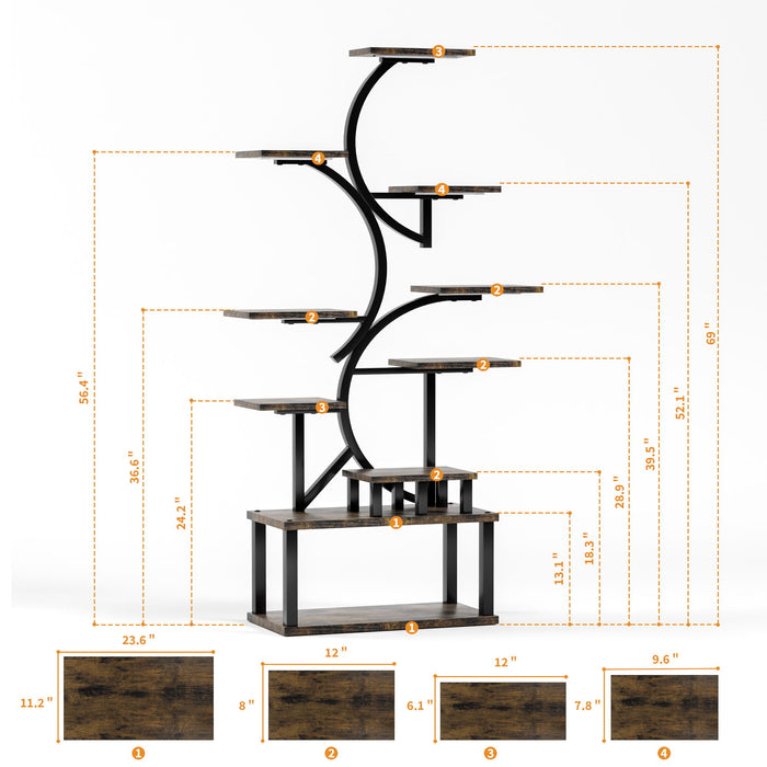 S - Shaped, 10 Tier Plant Stand With 5 Grow Lights - Deep Rustic Brown