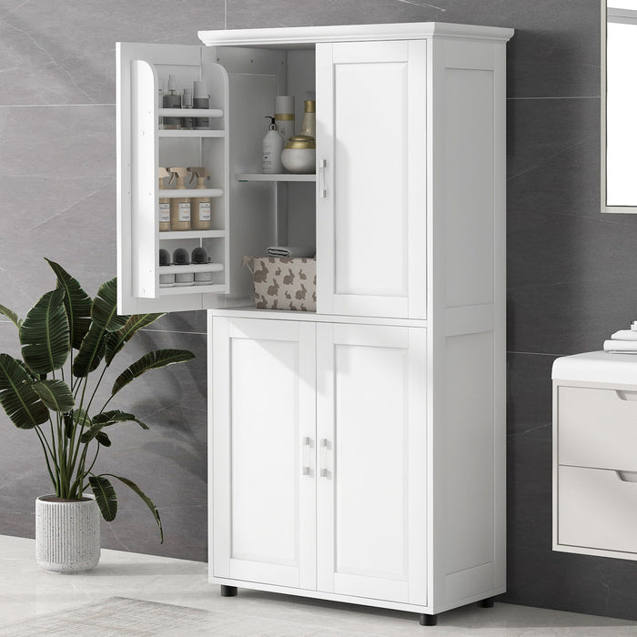 Tall And Wide Bathroom Floor Storage Cabinet With 4 Doors, Adjustable Shelves - White