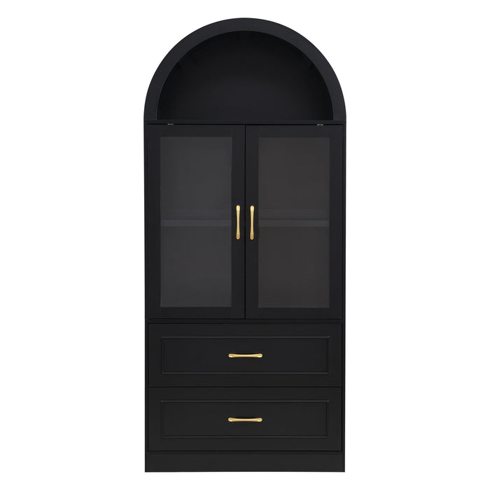 Arched Top Storage Cabinet With Fixed 2 Tier Shelves, 2 Large Drawers
