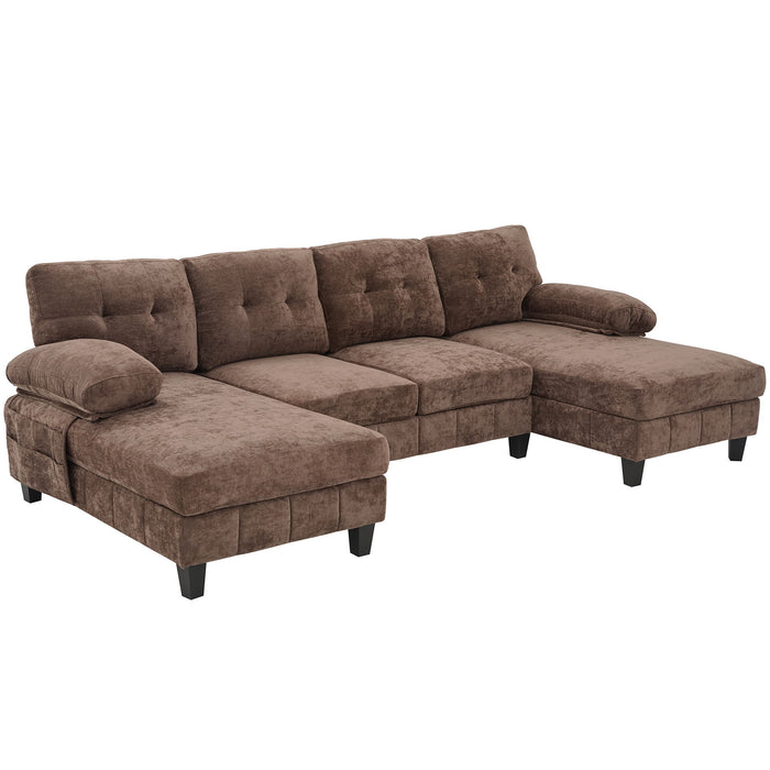 U-Shaped Sectional Sofa 103.5" Black Chenille Fabric Couch With Dual Chaise Lounges, Storage Pockets, Armrest Pillows