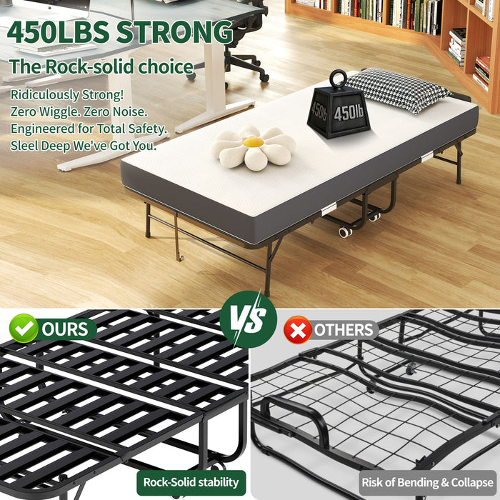 Twin Folding Bed With Adjustable Headboard, Memory Foam For Tall People, Heavy-Duty Portable On Wheels, Easy Assembly - Black