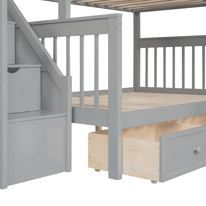 Solid L Shaped Bunk Bed With 3 Drawers, Ladder And Staircase