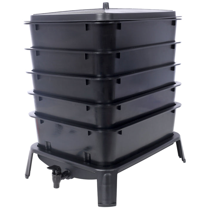 Eco Friendly 5 Layer Worm Compost Bin With 50L Capacity, Easy Setup Plastic Worm Farm Kit - Black