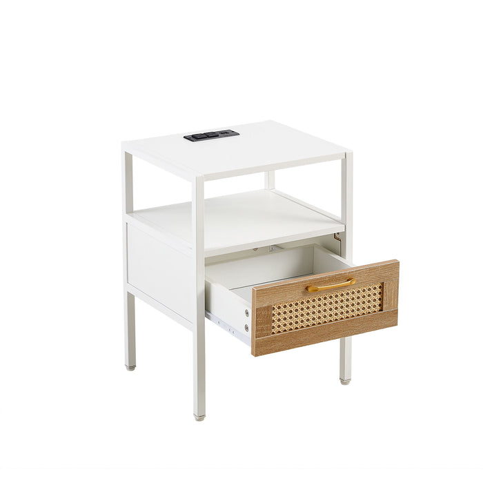 Rattan End Table With Power Outlet & USB Ports, Modern Nightstand With Drawer And Metal Legs, Side Table For Living Room, Bedroom