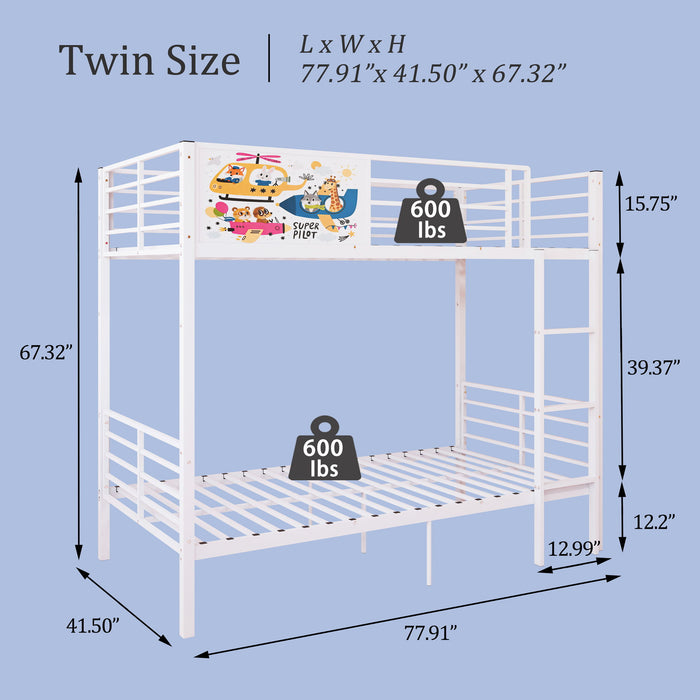 Bunk Bed, Convertible To 2 Separate Twin Size Beds With Full Length Guardrail & Ladder, No Box Spring Needed - White