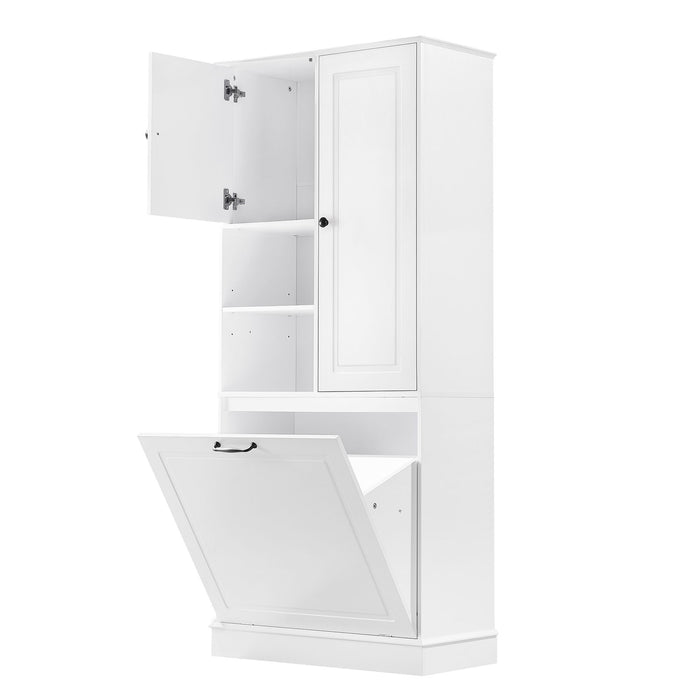 Modern Tall Storage Cabinet With Adjustable Shelves, Flip-Out Basket & Enclosed Doors