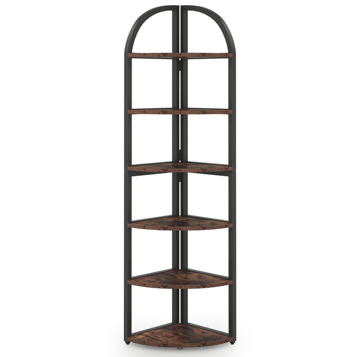 Tall 6 Tier Corner Shelf, Freestanding Bookshelf For Living Room - Rustic Brown