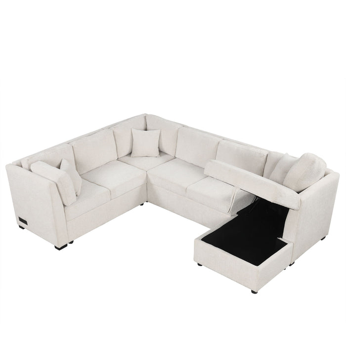 U-Shaped Sectional Sofa Pull Out Sofa Bed With Two USB Ports, Two Power Sockets, Three Back Pillows And A Storage Chaise For Living Room