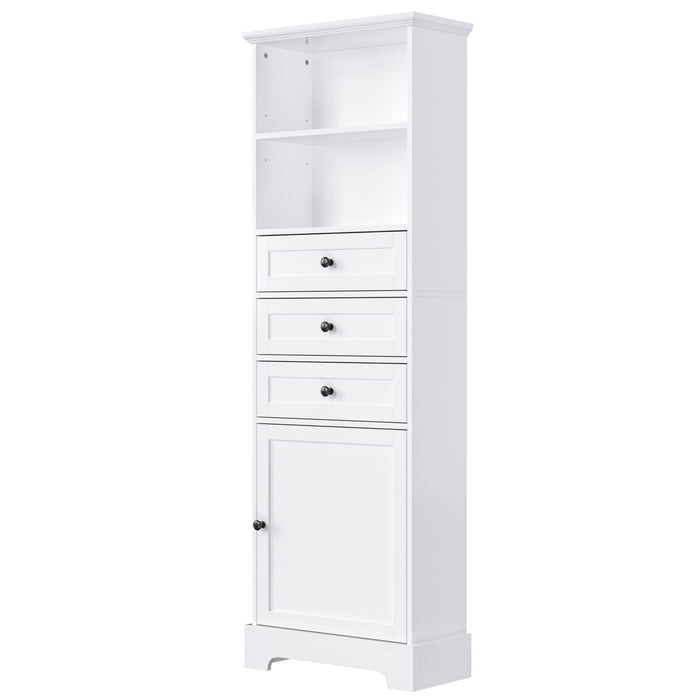 Tall Storage Cabinet With 3 Drawers And Adjustable Shelves For Bathroom